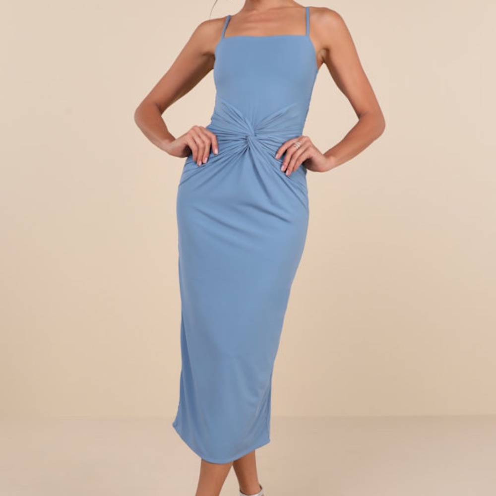 Lulus Mesmerizing Reputation Slate Blue Twist-front Bodycon Midi Dress - Size L